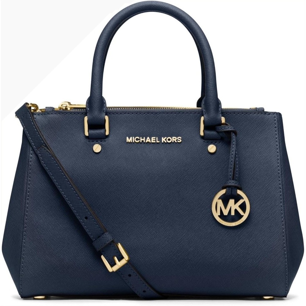 Michael Kors Savannah Navy Blue Saffiano Leather Satchel Crossbody Bag Gold Tone